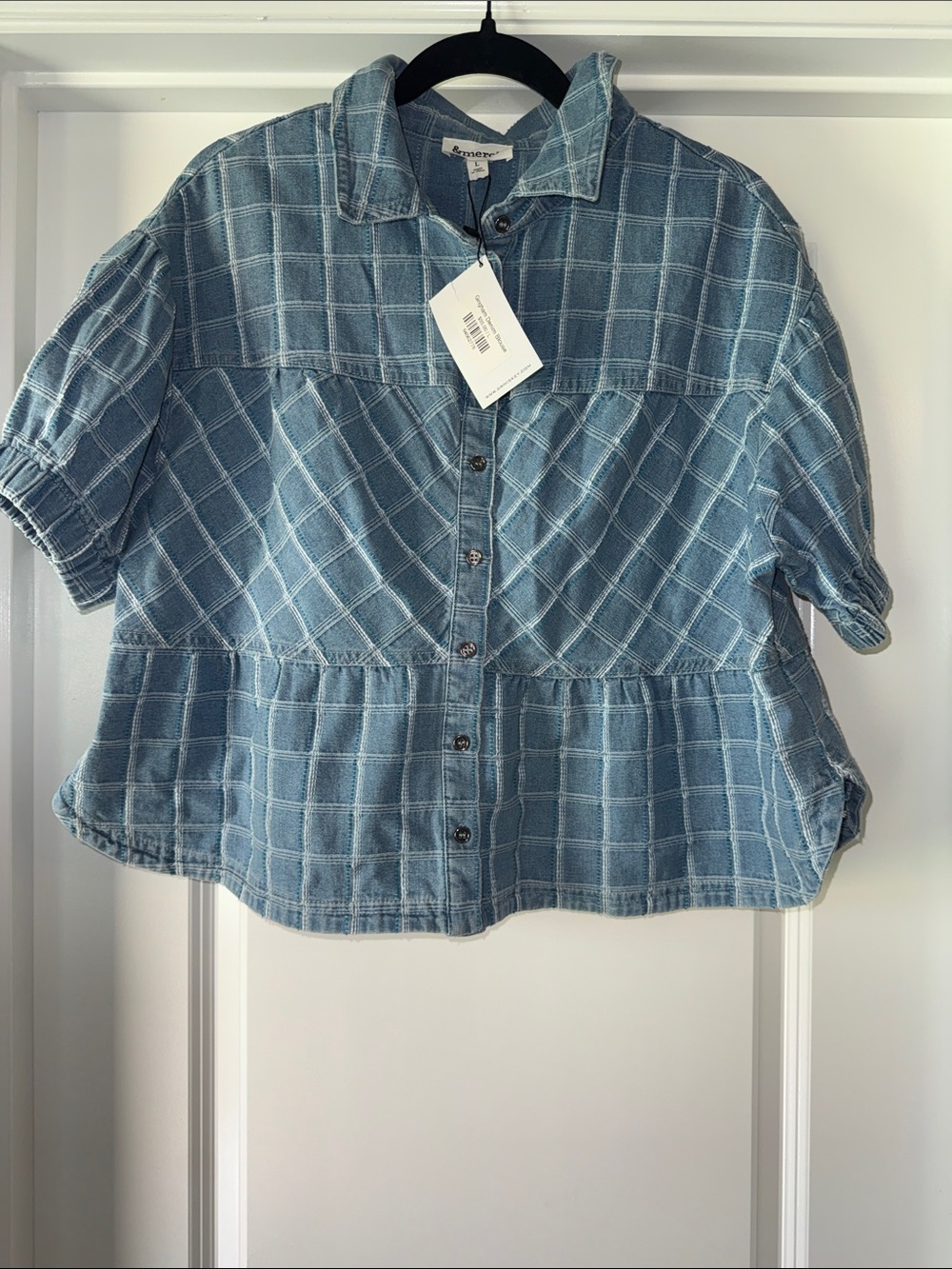 &Merci Boutique Short-Sleeve Quilted Windowpane Shirt Size Large
